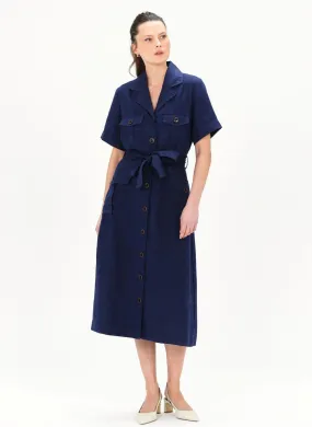 CAROLL RANA - Vestido midi de lino con cuello clásico en azul