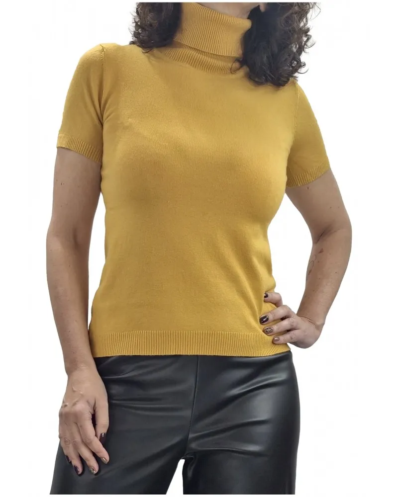 NUALY -  Jersey Cuello Alto y Manga Corta Color Mostaza