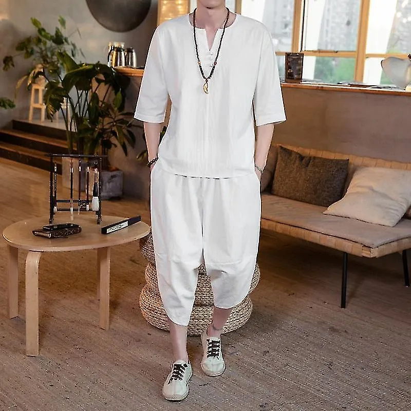 Nuevo traje de lino delgado para hombres Verano chino suelto algodón grande y lino 2 piezas / traje pantalones de manga corta 2 