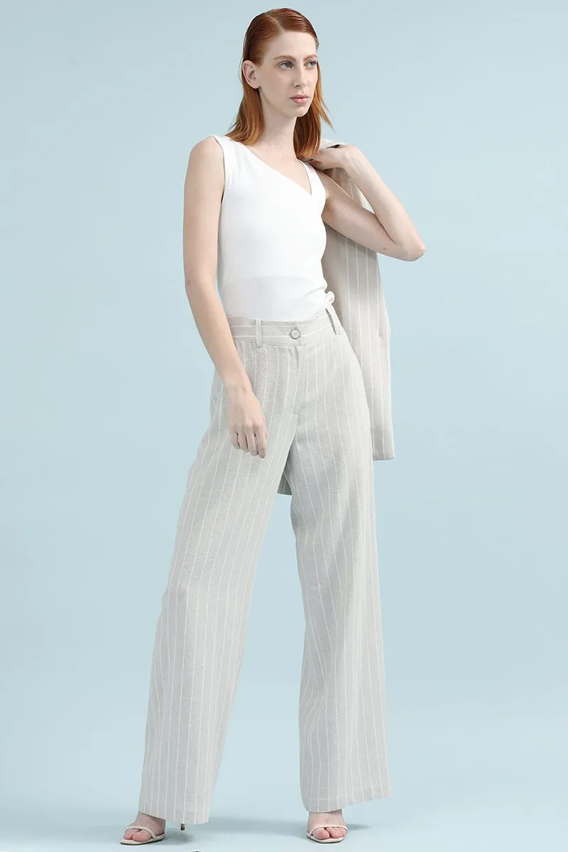 PANTALON ANCHO CON LINO, TIRO ALTO, LISTADO, BEIGE