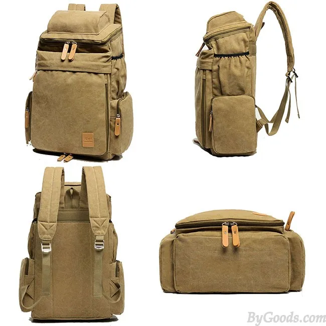 Retro Camping Zippered Backpack Washing Color Canvas Extensible Large Capacity Travel Backpacks 