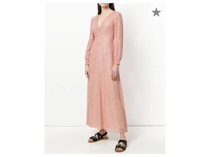 Vestido de manga larga con escote en V y punto de hilo metalizado en seda rosa salmón de Red Valentino- Tallas 40 